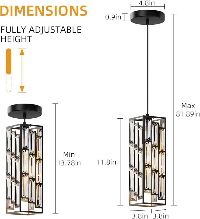 Modern 1-Light Crystal Pendant Light Kitchen Island, Black, 2-Pack | Mini Crystal Chandeliers, Height Adjustable Cord, Ceiling Hanging Lighting for Kitchen Island Dining Room Bedroom