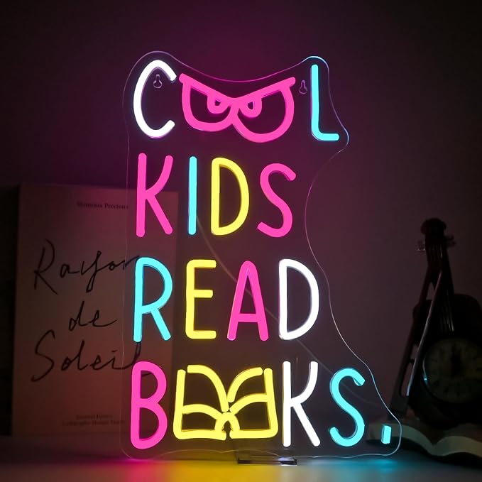 Cool Kids Read Books Neon Sign LED Light Reading Room Wall Decor | Dimmable Inspirational Light Up Sign for Kids Rooms, Classrooms, Libraries & Study Areas, LED Wall Decor Gift for Readers