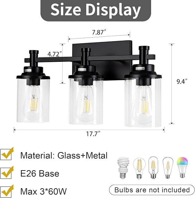 3 Light Bathroom Light Fixtures, Modern Black Vanity Lights Over Mirror, Wall Sconce with Clear Glass Shade and Metal Base, Vanity Lights for Bathroom, Wall Lamp for Mirror Bedroom Hallway