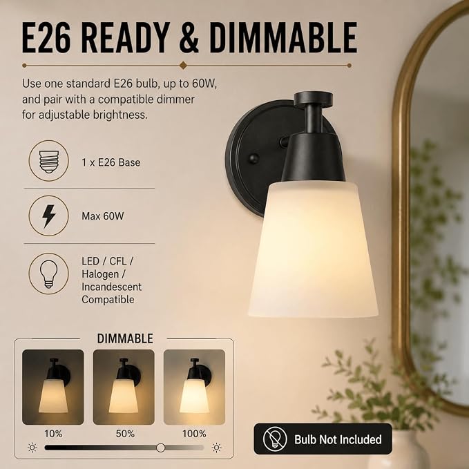 Wall Light Fixtures 2 Pack, Matte Black Vanity Lights with Milk Glass Shades, Modern Farmhouse Wall Sconces for Gallery, Mirror, Bedroom, and Bathroom