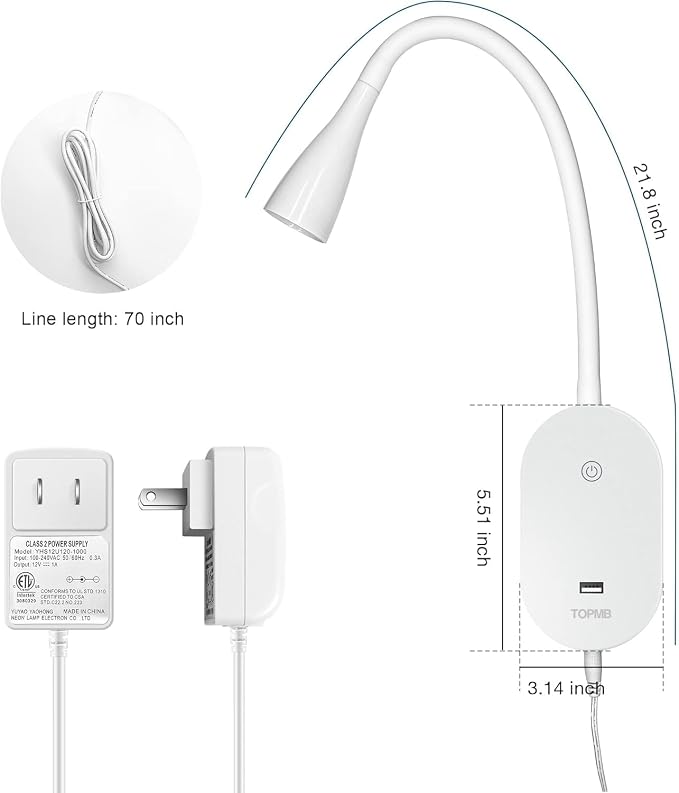 Wall Reading Light for Books in Bed, USB Output Headboard Wall Lamp,5 Dimmable Touch Control Reading Lamp,LED Warm Light Easy to Install 3000K