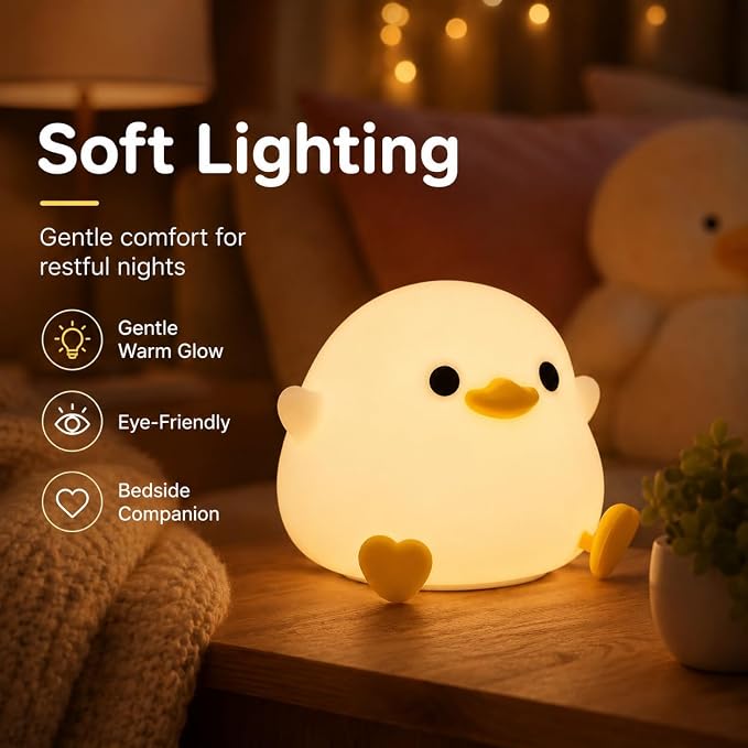 Ding Ding Duck Night Light, LED Squishy Novelty Animal Night Lamp, Food Grade Silicone 3 Level Dimmable Nursery Nightlight for Desk Decor, Funny Gifts Stuff for Boys Girls Baby, White Elephant Gifts