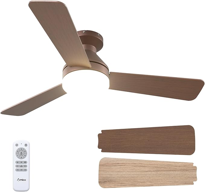 Amico 42 Inch Brown Low Profile Ceiling Fans with Lights and Remote | Flush mount, 3-color dimmable light, quiet reversible DC motor, easy install, memory, timer, bedroom, covered outdoor areas
