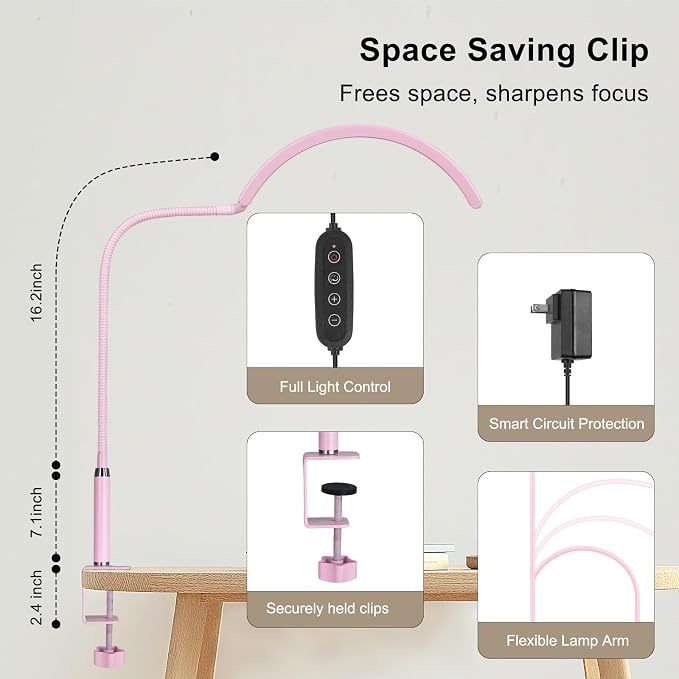 Professional Half Moon LED Desk Light for Nail Techs & Artists – Flexible Gooseneck Lamp with Clamp, 3 Color Modes & 5 Brightness Levels for Manicure, Tattoo, Beauty Work