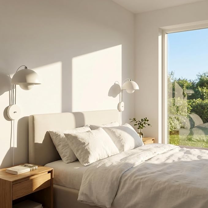 Mid-Century Modern Bud Plug in Wall Sconces for Bedroom, Matte White | Indirect lighting reading wall lamp, all-metal construction, plug-in or hardwired install, fits bedroom bedside, living room
