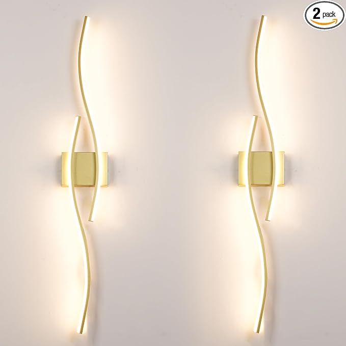 Modern Wall Sconces Set of 2, Dimmable LED with Remote Control, Gold Indoor Wall Sconce, Hard Wired Wall Lights for Living Room, LED Wall Decor for Hallway, Bedroom, 40.5"in, 3 Color, Timer, Memory