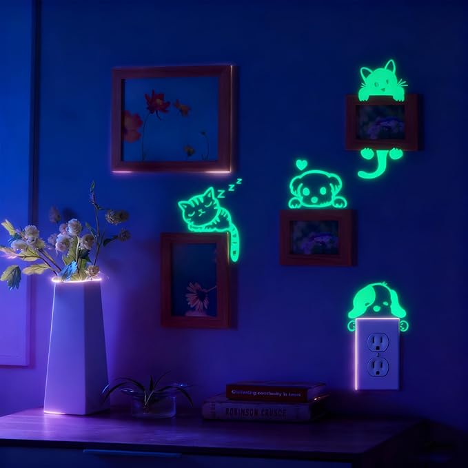 4 Pcs Cute Cartoon Switch Labels cat & Dog Puppy,Glow in The Dark Light Switch Cover Set,Light Switch Labels Stickers for House, Luminous pet Wall Decals for Bedroom,Art Mural Paste