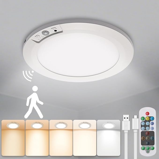Rechargeable Motion Sensor Ceiling Light with Remote | Magnetic Wireless Ceiling Lights,8000mAh 7.5inch Battery Operated Light Indoor for Closet Shower Shed Loft Bathroom Garage