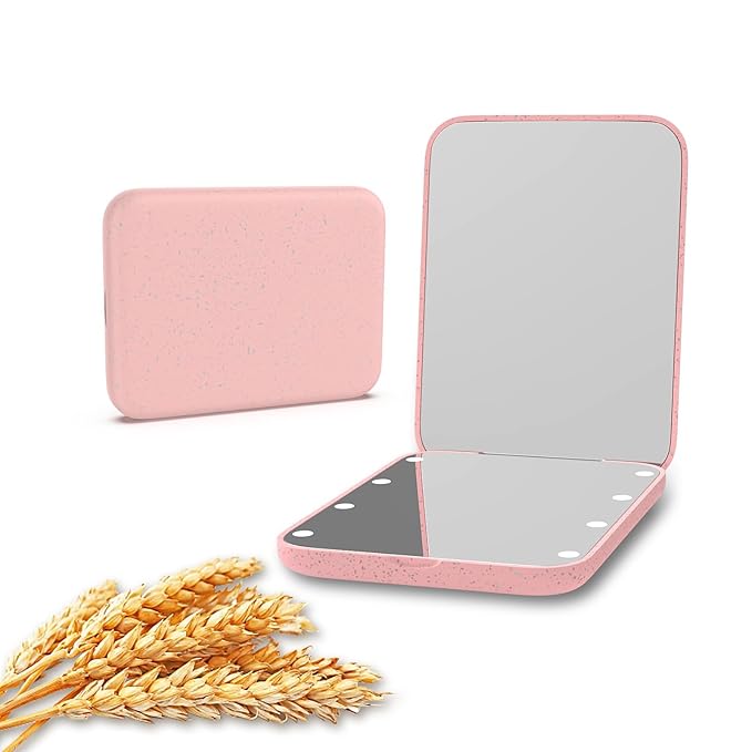 Kintion Wheat Straw Pocket Mirror, 1X/3X Magnification Travel Mirror for Purse, Folding Handheld Mirror, Small Lighted Compact Mirror for Gift, Pink