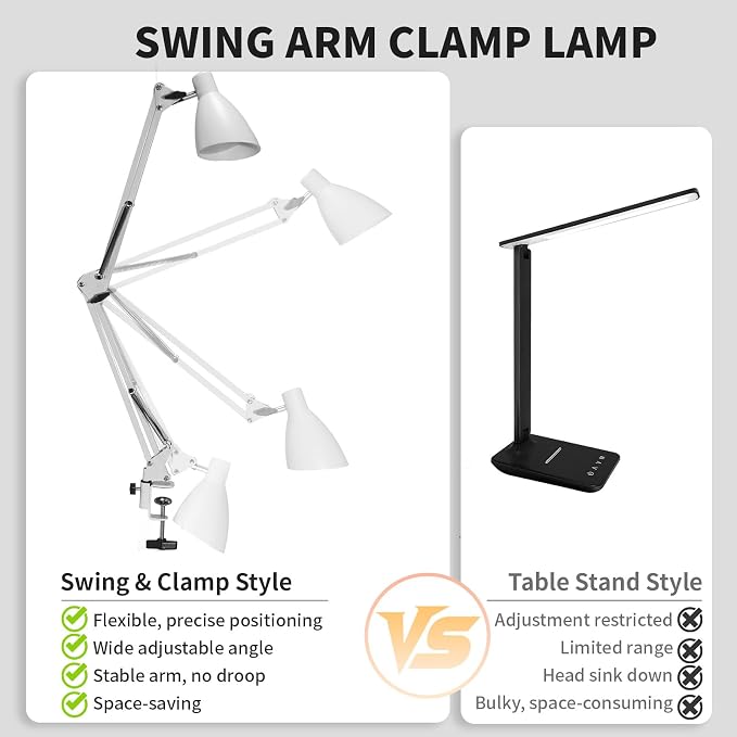 Swing Arm Desk Lamp with Clamp, Adjustable Arm LED Clamp on Desk Lamps with 5 Color Modes and 10 Brightness for Home Office Reading Drafting Study (White)