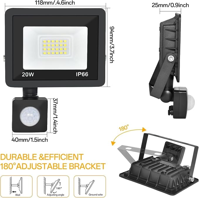 Motion Sensor Outdoor Lights, Plug in Flood Lights Outdoor Motion Sensor,20W Dusk to Dawn Outdoor Lighting 6000K Waterproof,Adjustable Wall Security Lights for Garage, Porch, Yard (2 Pcs)