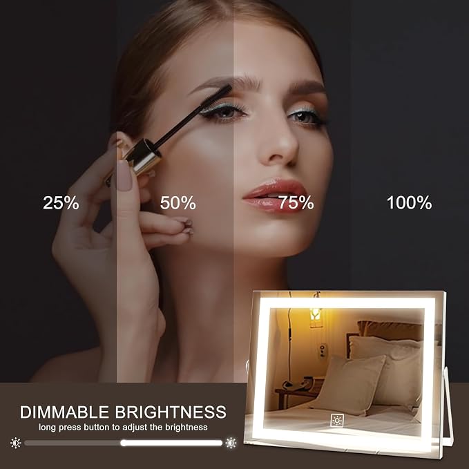 14 Inch LED Vanity Makeup Mirror with Lights, Large Metal Frame Lighted Tabletop Mirror with 3 Color Dimmable Touch Control, 360° Rotation for Bathroom Bedroom