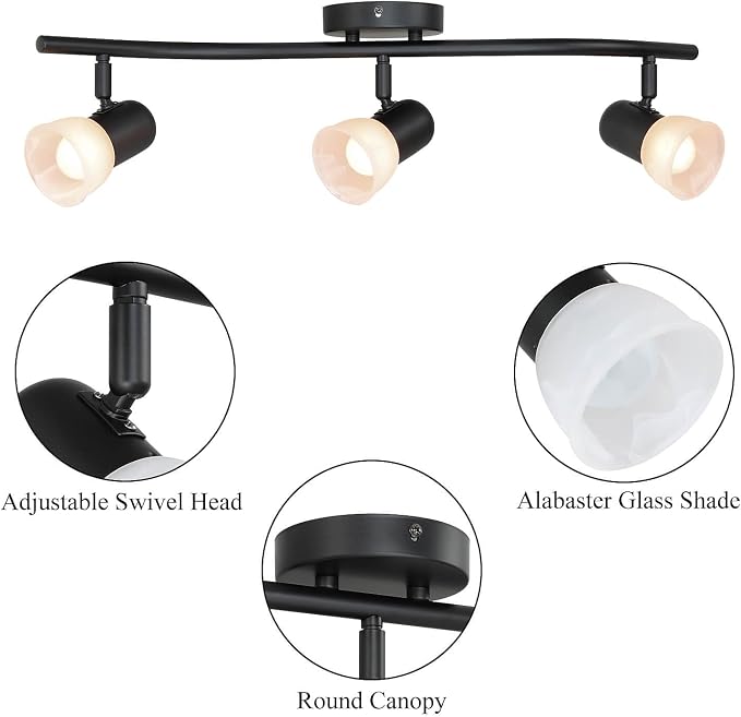 XiNBEi Lighting Black Track Lighting Kit with Glass for Kitchen, 3 Light | Curved Ceiling Spot Light, E26, S-Shaped Bar, Rotatable Head, Ceiling Light Fixture, For Kitchen Sink & Bathroom Hallway
