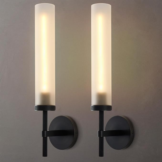 Modern Hardwired Frosted Glass Bathroom Black Wall Sconces 2PC, Handmade Knurled Wall Light Fixture,Vanity Light for Living Room,Hallway, Bedroom, 20" Indoor Wall Lamp, Bulb Included