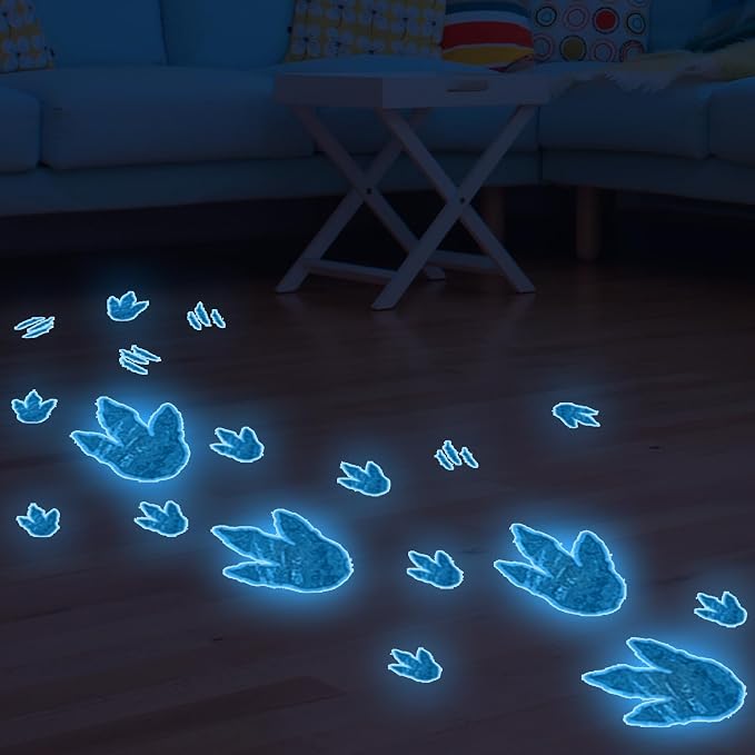 Nightlight Blue Dinosaur Footprint Wall Stickers 2 Sheets Decor | Glow in the Dark Dino Tracks Reusable Wall Decal Luminous Glass Doors Decor for Kids Room Home Playroom Decoration