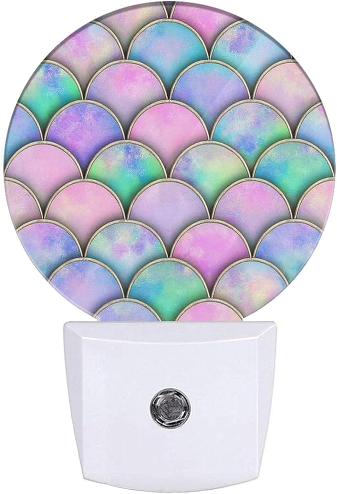 Plug-in Pink Purple Mermaid Scales Night Light Charming Fish Scales Night Lights Plug into Wall with Auto on/Off Sensor, 0.5W LED Nightlight for Bedroom Bathroom Kitchen Hallway