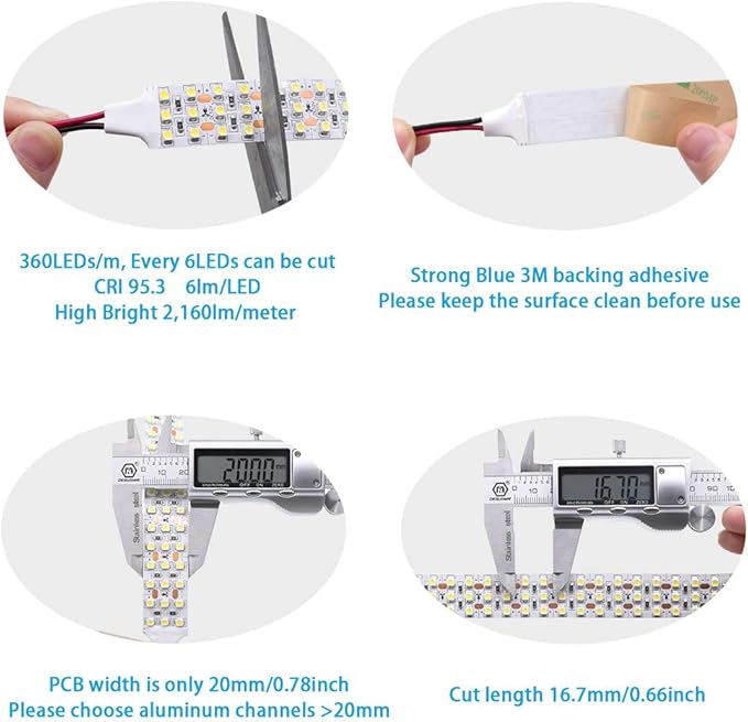 High CRl 95 LED Strip Lights 6000K Daylight White, DC12V Brightest Triple Row 1800LEDs 3528 Full Spectrum LED Strip for Photography & Display (12V 6000K 5m/16.4', Non-waterproof IP20)