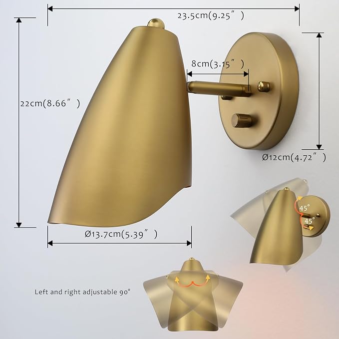 Modern Wall Sconce with Dimmer Switch, Brass Metal Wall Lamp Lighting, Adjustable Light Angle, E26 Bulb Base Reading Lighting for Wall Painting Bedroom Hallway Living Room Dining Room