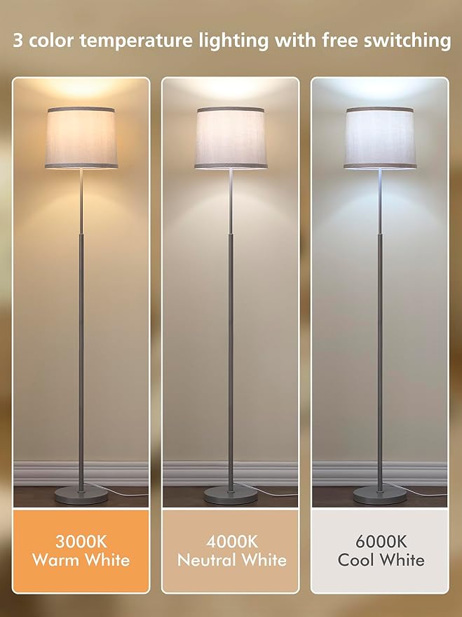 60" Modern Floor Lamp for Living Room Bedroom, Standing Lamp with Oatmeal Linen Lampshade, Tall Lamp with A19 9W 3 Color Temperature Bulb, Foot Switch Control, Silver
