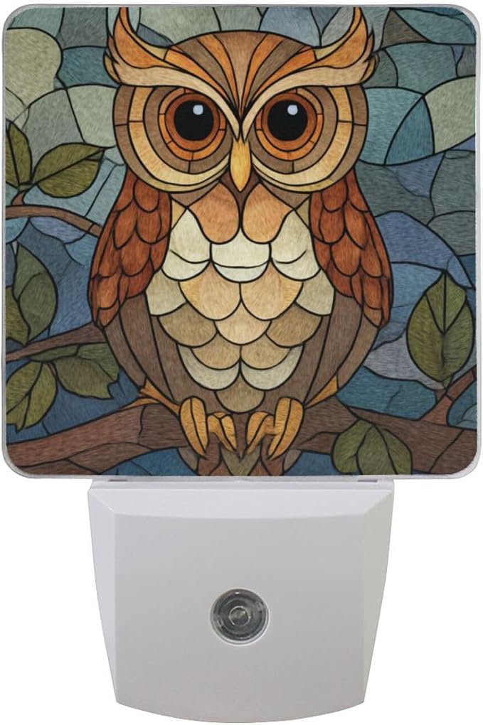 Colorful Owl Glass-Style Night Light Dusk to Dawn Sensor LED Night Dimmable Nightlight Lights Plug into Wall for Living Room