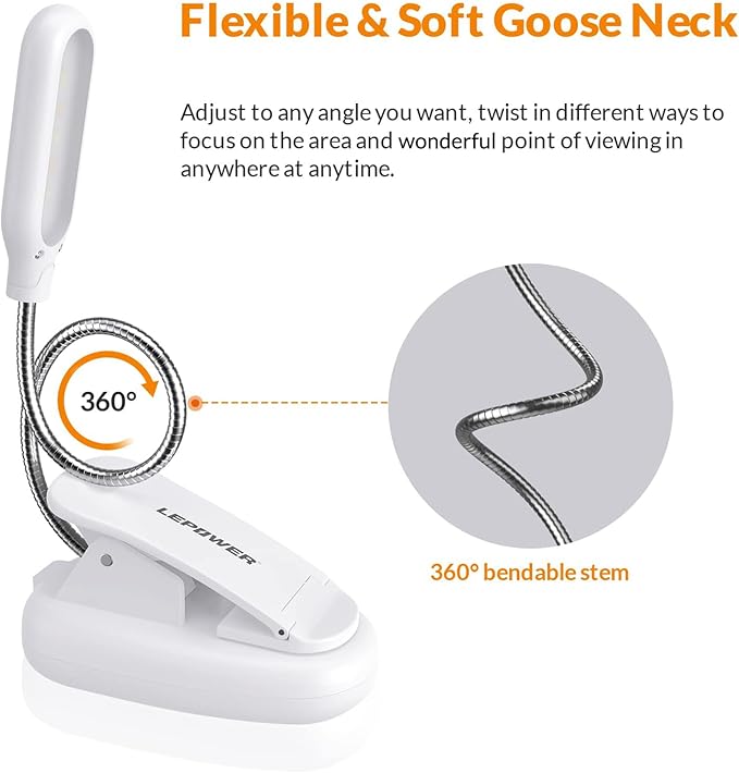 LEPOWER Clip on Book Light/Reading Light/Clip Light with 5 LED Eye Care, 3 Color Changeable, Portable Reading Lamp, Battery Operated, Bed Lights for Kids, Bookworms, Students(White)