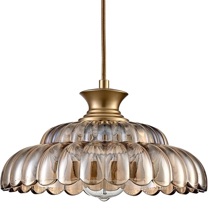 HYDELITE Vintage Amber Glass Pendant Light with Adjustable Hanging Cord | Modern Gold Kitchen Island Pendant Light Fixture Adjustable for Dining Living Room Restaurant Entryway