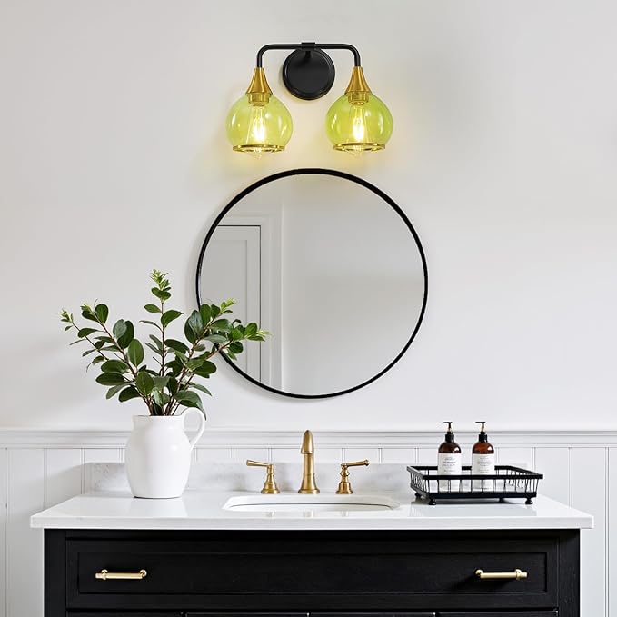 Black and Gold Bathroom Vanity Light 2-Lights Bathroom Light Fixtures Over Mirror with Green Clear Glass Shade 14 inch Wall Sconce Lighting Bath(Exclude E26 Bulb)