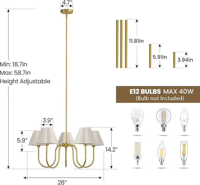 RUIYEY Black Chandeliers for Dining Room - 28" 5-Lights Vintage Modern Mid-Century Chandelier with Flower Fabric Shades, Height Adjustable Pendant Lighting Over Table for Living Room Kitchen Island