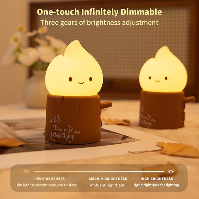 Led Cute Stump Fire Night Light, Dimmable Nursery Kawaii Lamps, Super Squishy Silicone USB Rechargeable Timer Night Lamp for Kids Adults, Used for Camping Party Room Decor (Stump Fire)