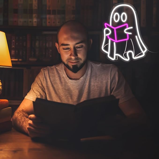 Ghost Reading Book Neon Sign | LED Neon Light, Hanging Design, For Bedroom Home Library Reading Room, Kids Room Store Decor
