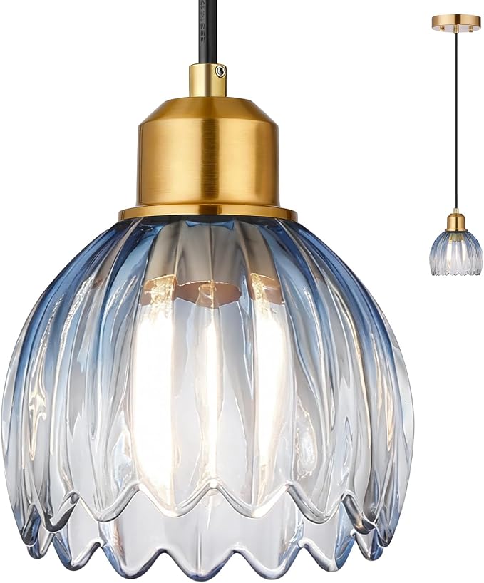 TALOYA Blue Glass Pendant Light, Vintage Hanging Light with Tulip Lampshade | Adjustable Farmhouse Mini Pendant Lighting Fixture for Kitchen Island, Dining Room, Bedroom, Hallway & Bar Decor