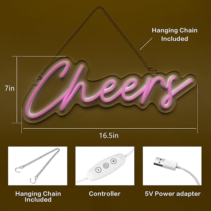 Cheers Neon Sign,Dimmable Pink Neon Signs for Wall Decor, LED Neon Bar Light for Room Background Decor,Cheer Light Up Sign Neon for Bar Birthday Party Wedding 16.5x7in