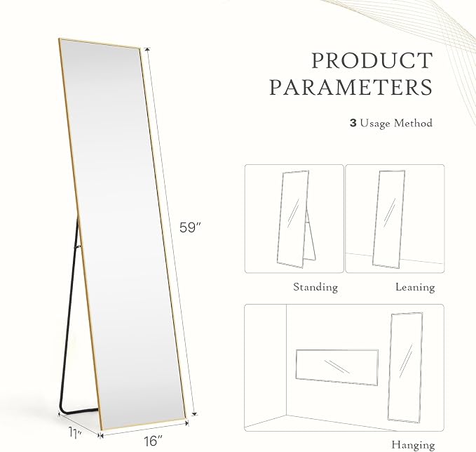 Full Length Floor Mirror, 16"x59" Body Wall Mirror with Stand | Shatter-Proof Nano Glass, Tall Standing, Hanging or Leaning, Aluminum Alloy Frame for Bedroom, Modern Home Decor, Gold