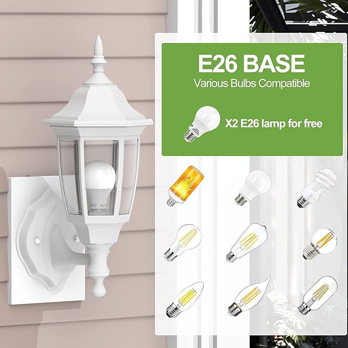 EMART Plastic Outdoor Wall Light Fixtures with Bulbs, Waterproof and Anti-Corrosion Porch Sconces, Exterior Lanterns Wall Mount Lamp for Outside, Garage, Front Door, House, Patio, 2 Pack, White