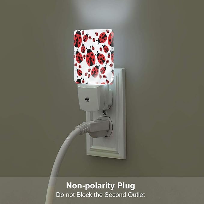 Cartoon Red Ladybug Night Light Set of 2, Auto Sensor LED Dusk-to-Dawn Nightlights, Plug-in Sensor Lamp for Bedroom Bathroom Kitchen Hallway Stairs Decorative