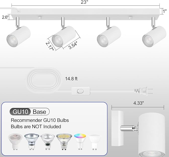 LED Track Lighting Ceiling Fixtures, White 4-Light Plug in Track Lights for Kitchen, 23" Ceiling Spotlight, 15 FT Cord,Flexibly Rotatable Wall Mount Light Head for Bedroom Hallway