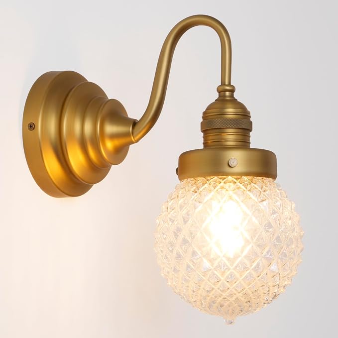 Brass Gold Wall Sconce Clear Glass Bathroom Vanity Light | Vintage,Hardwired Indoor,Aged Brass Finish,Hand-Blown Thick Glass,for Bathroom Mirror Kitchen Hallway,UL-Listed E26 Socket