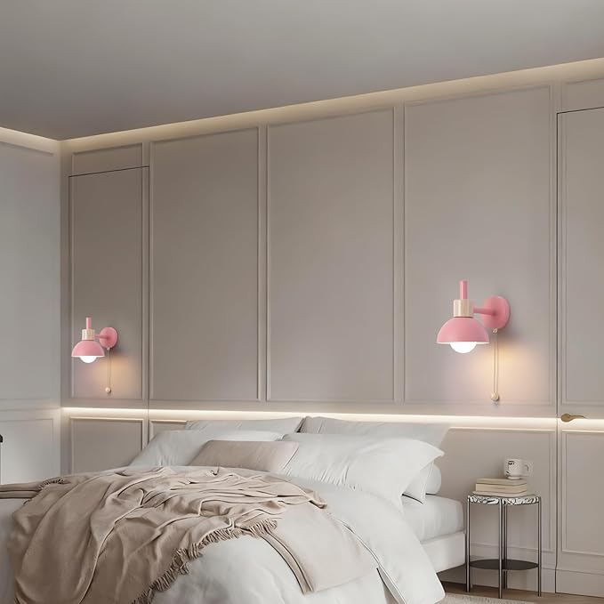 1-Light Nordic Bathroom Wall Sconce with Pull Chain Switch, Modern Vanity Wall Lamp, Bedside Wall Lights for Mirror Kitchen Living Room Hallway Cabinet Porch(Pink)