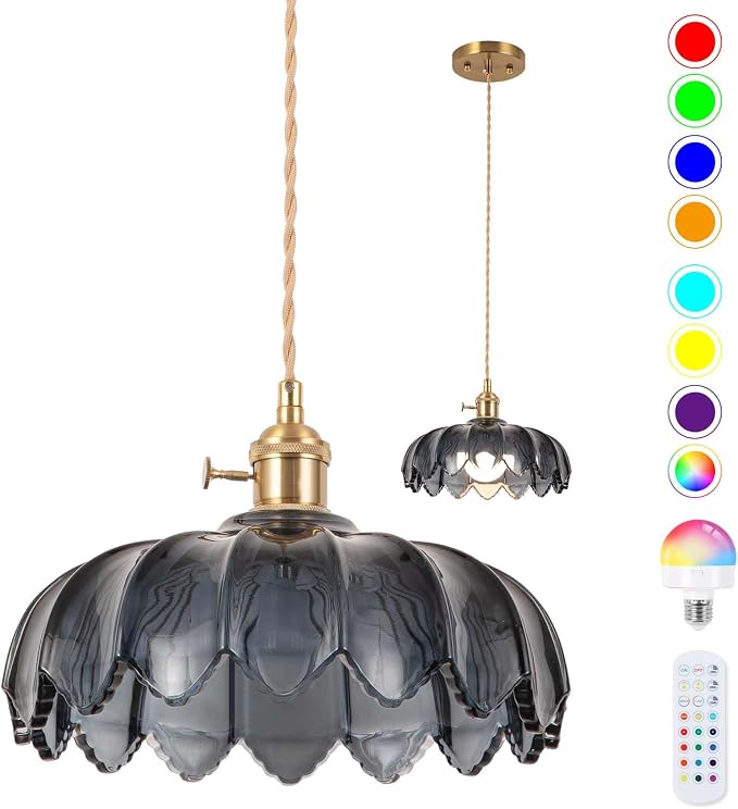 Battery Operated Pendant Light,Gray Blue Vintage Light Fixtures RGB Rechargeable Light Bulb 2500mAh 9.8in with Remote Control Wireless Adjustable Chandelier for Kitchen Island Hallway 1Light