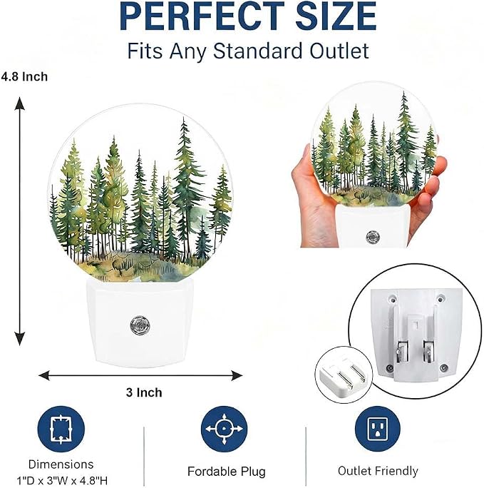 Nightlight Green Pine Tree Forest Plug-in Night Lights Dusk to Dawn | Nature Landscape Night Light LED Round Lamp with Auto on/off Sensor for Kitchen Hallway Bedroom Bathroom