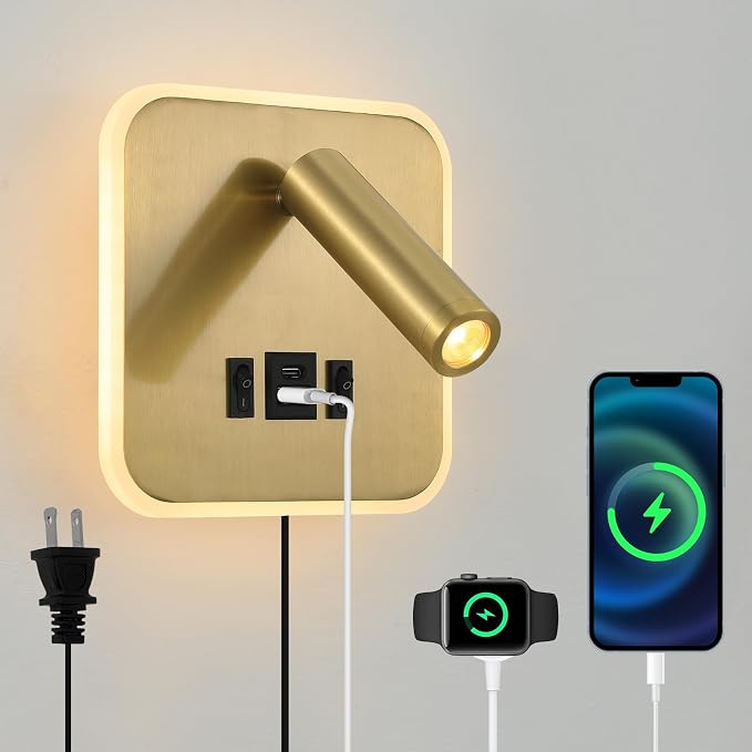 LED Wall Lamp With Wall Mounted Reading Lights,Modern Wall Sconce Plug in for Bedroom or Living Room With Charging Station USB C+A Ports,Headboard Bedside Lamps With 3W+9W Night Light 3000K