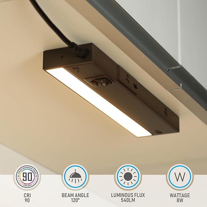 TORCHSTAR 12 Inch LED Under Cabinet Lighting 3CCT, ETL, 8W 540LM, Hardwired & Plug-in, 3 Color Selectable CRI90 120V Dimmable Under Counter Lights for Kitchen, Bronze Aluminum Housing, 4 Pack
