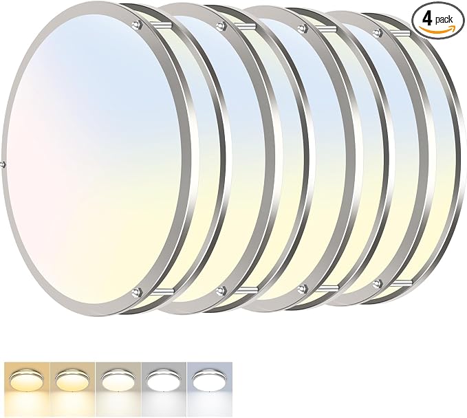zemty 10Inch Brushed Nickel LED Flush Mount Ceiling Light Fixture, Dimmable &5CCT(3000K-6500K) Adjustable, 15W IP44 Damp-Rate Ceiling Lamp for Hallways, Bathrooms, Closets, Laundry Rooms-4Pack