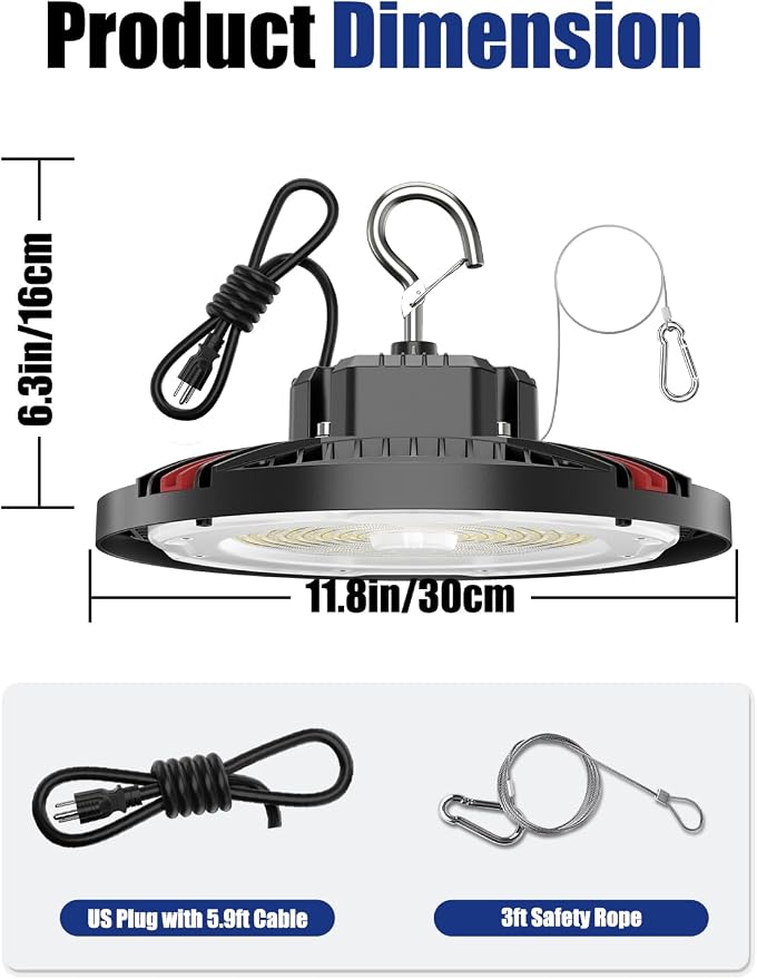 210W UFO LED High Bay Light, 31500LM Shop Lights, 5000K Daylight, ETL Listed with 6' Cable & Safety Rope, IP65 Waterproof Commercial Lighting for Warehouse, Workshop, 980W MH/HPS Equivalent, 4 Pack