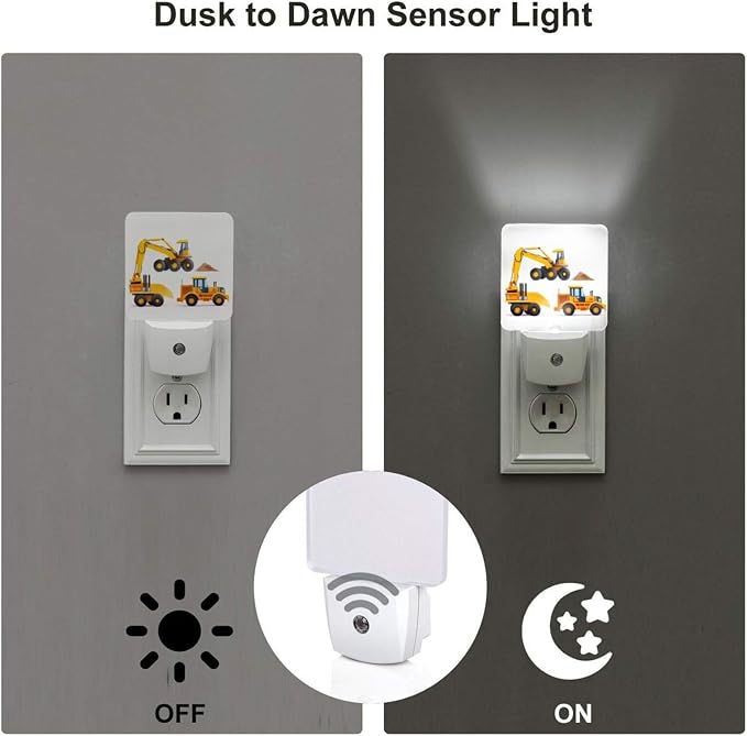Machinery Excavator Truck and Loader LED Plug-in Night Lamp 2 Piece Set, Auto Sensor Cartoon Boy's Toy Nightlights Set of 2 for Bedroom Bathroom