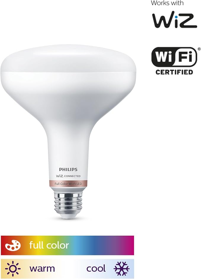 Philips Smart 65-Watt BR40 Color Flood Light Bulb, 2-Pack | Frosted, Dimmable, 110° Beam Angle, E26 Medium Base, Wi-Fi Connected via WiZ App, Voice Control with Alexa & Google