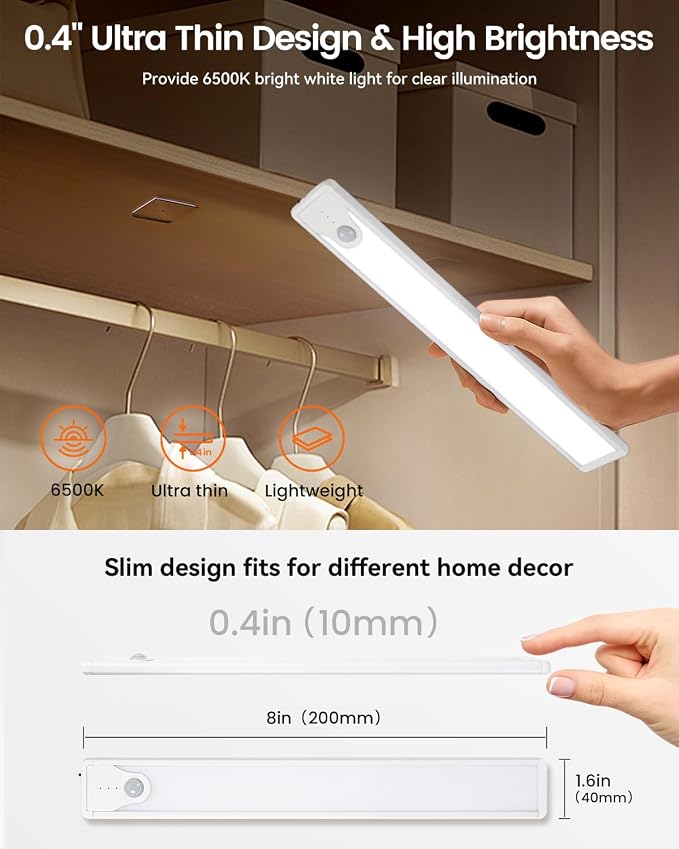 8 Inch Under Cabinet Lights, 41 LED Rechargeable Magnetic Motion Sensor Light Indoor, Brightness Dimmable 6000K Stepless Dimming Closet Light, for Under Counter, Kitchen, Stairs, Closet, 5 Packs