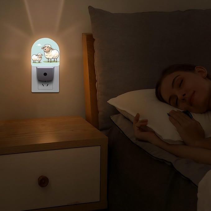 Sheep And Lamb Cartoon LED Plug in Night Light 0.5w Night Lights Plug Into Wall with Auto Dusk to Dawn Sensor Portable Bathroom Nightlights Small Dimmable Lamp Energy Efficient Bedside Light (Fan)