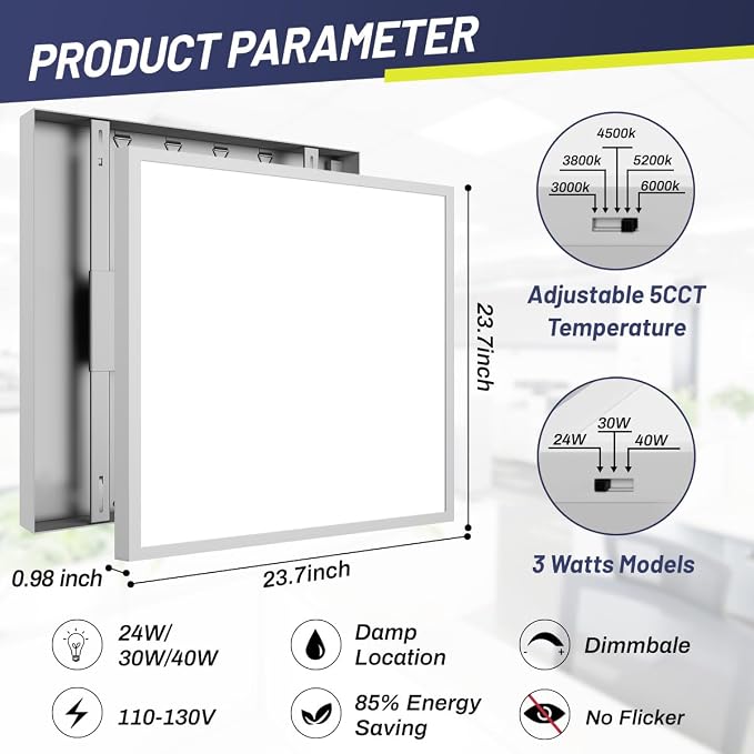 Allsmartlife 2x2 LED Flat Panel Light Surface Mount 2-Pack, 24W/30W/40W Dimmable 5CCT 3000K-6000K, Edge-Lit LED Flush Mount Ceiling Fixtures Low Profile for Kitchen, Garage, ETL Listed