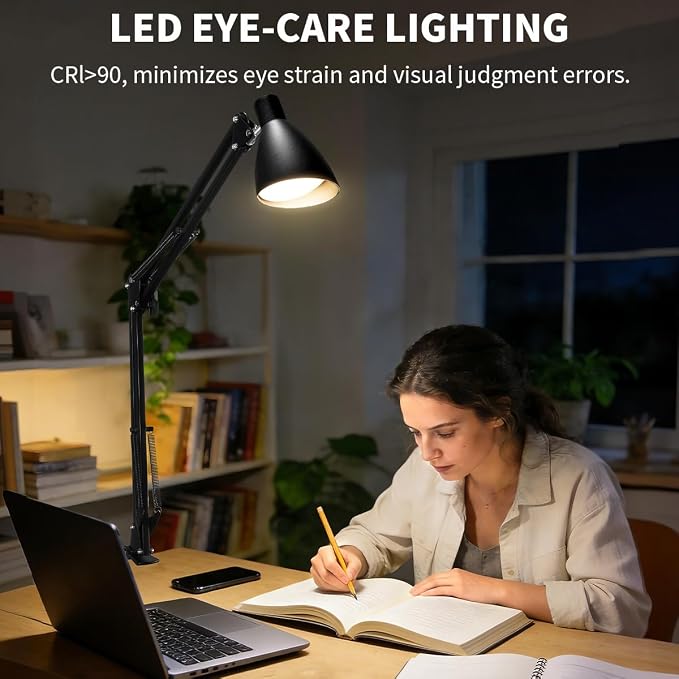 Swing Arm Desk Lamp with Clamp, Adjustable Arm LED Clamp on Desk Lamps with 5 Color Modes and 10 Brightness for Home Office Reading Drafting Study (Black)